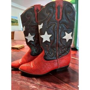 The Leather Collection Women 8 Red Lizard Print Star Inlay Western Cowboy Boots